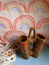 Cargar imagen en el visor de la galería, 70s Planter Double Vase with Handle Orange & Brown Drip