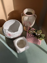 Load image into Gallery viewer, Small Planter White Textured Porcelain Vintage Roscher Woodgrain Sugar Bowl Turned Plant Pot