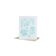 Cargar imagen en el visor de la galería, Greeting card with blue floral images on white, plantable card that contains 10 wildflower seed types.
