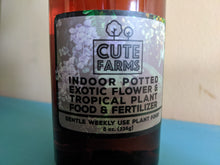 Load image into Gallery viewer, Label with Cute Farms logo and "indoor poteed exotic flower & tropical plant food & fertilizer" "gentle weekly use plant food" 8oz (226g)