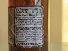 Load image into Gallery viewer, back label for 8oz bottle of succulent, cacti, and aloe fertilizer says "3-5 pumps onto soil near plant base", lists cautions and additional instructions, and lists ingredients.