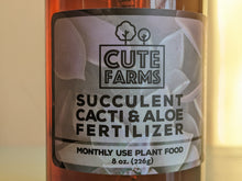 Cargar imagen en el visor de la galería, Label from plant food shows Cute Farms logo and title of product : Succulent Cacti & Aloe Fertilizer monthly use p lant food 8oz. 226g