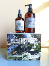 Cargar imagen en el visor de la galería, Air plant fertilizer spray, succulent fertilizer pump, both shown stacked on top of terrarium starter kit box, all made by Cute Farms.