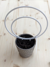 Cargar imagen en el visor de la galería, White double hoop trellis for small plants shown in 4 inch pot for scale. Medium sized trellis shown here is 7.5 inches diameter on outer circle.
