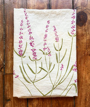 Load image into Gallery viewer, Lavender flowers screen printed onto an unbleached cotton tea towel. 
