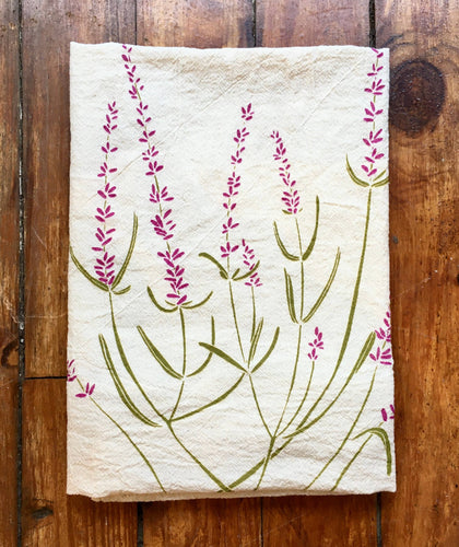 Lavender flowers screen printed onto an unbleached cotton tea towel. 
