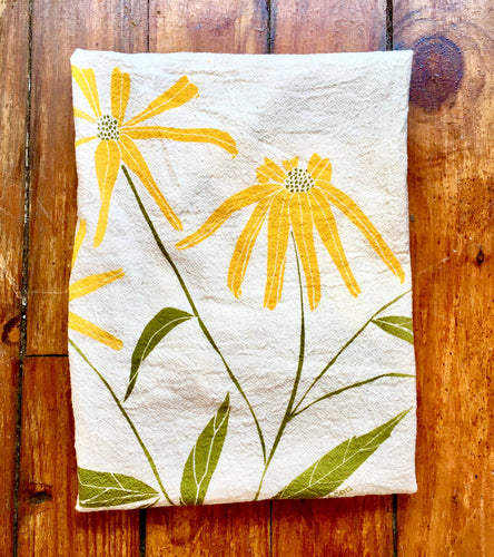 Tea towel with black eyed susans flower screen printed onto unbleached cotton