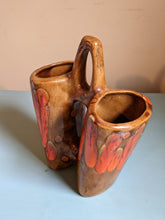 Cargar imagen en el visor de la galería, 70s Planter Double Vase with Handle Orange &amp; Brown Drip
