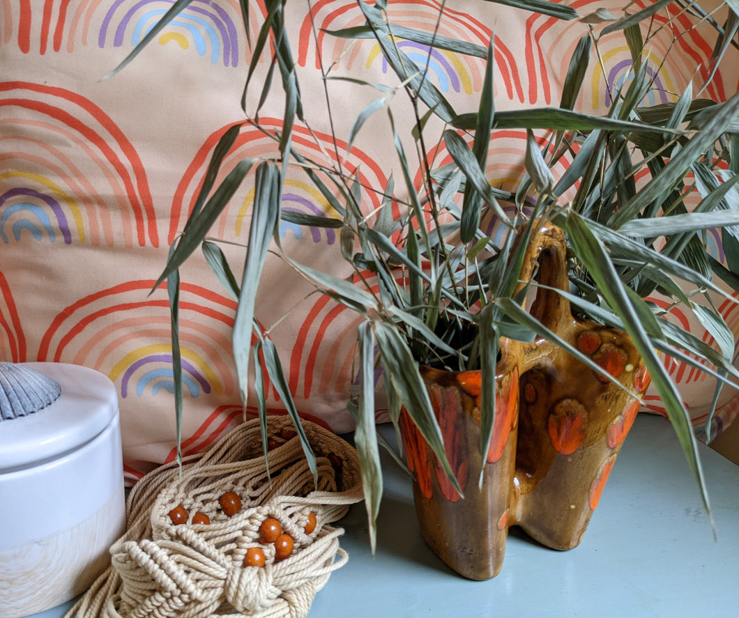 70s Planter Double Vase with Handle Orange & Brown Drip