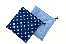 Load image into Gallery viewer, Potholders - Blue and White Swiss Cross Reversable Pattern With Hanging Loop
