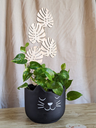 black, six inch planter pot that looks like a cat is shown holding a golden pothos plant that is climbing up the monstera leaf shaped trellis.  Trellis is the featured item for sale. 