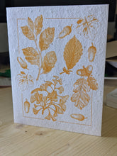 Cargar imagen en el visor de la galería, Textured, white cardstock containing plantable seeds makes up this greeting card that has detailed orange ink printed leaves and acorns 
