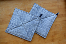 Load image into Gallery viewer, Potholders - Blue and White Swiss Cross Reversable Pattern With Hanging Loop
