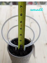 Cargar imagen en el visor de la galería, Small, white, double hoop trellis shown in 4 inch pot. Tape measure shows height of trellis stuck in pot to be about 6 inches, while the outer circle of the hoop itself is 5.5 inches.
