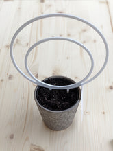 Load image into Gallery viewer, White double hoop trellis for small plants shown in 4 inch pot for scale. Medium sized trellis shown here is 7.5 inches diameter on outer circle. 
